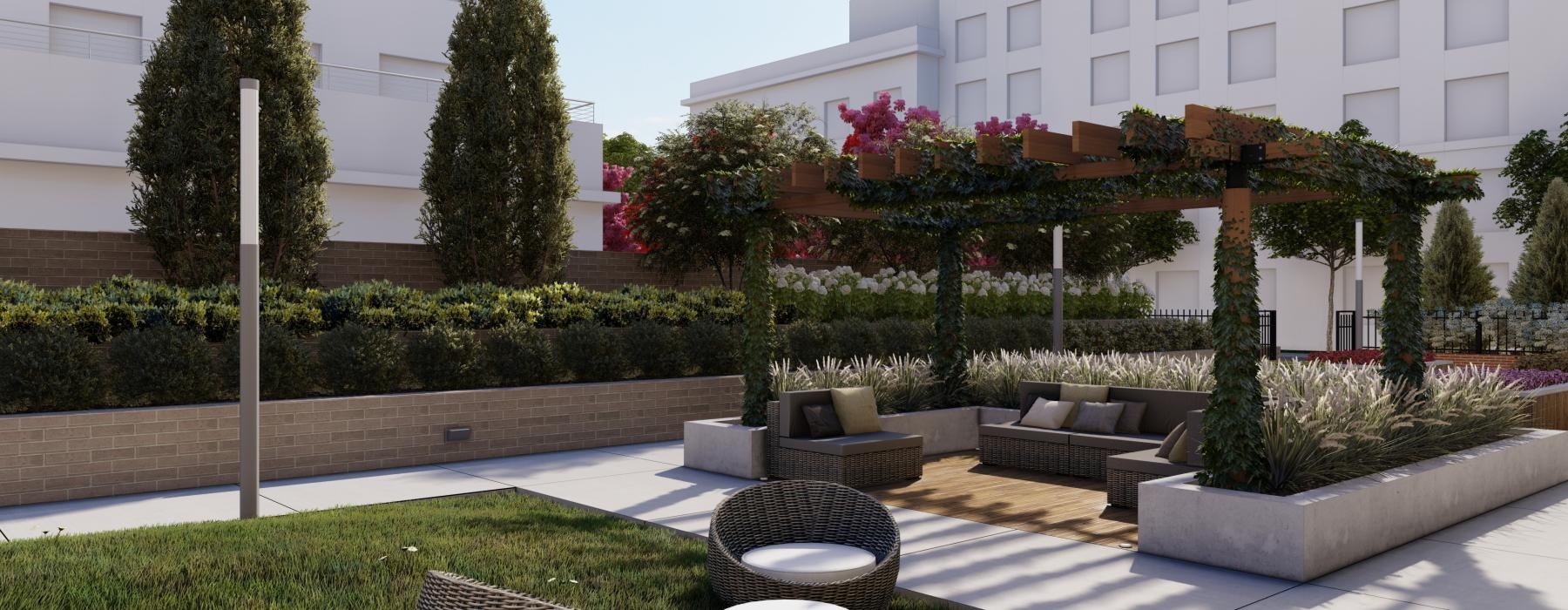 a courtyard with a fountain and trees